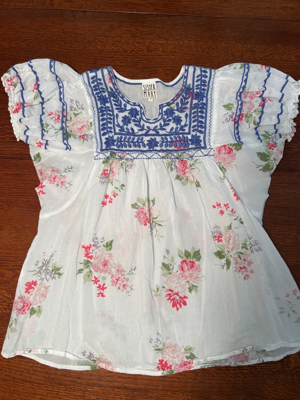 White Floral Embroidered womens Top - Blue & Pink